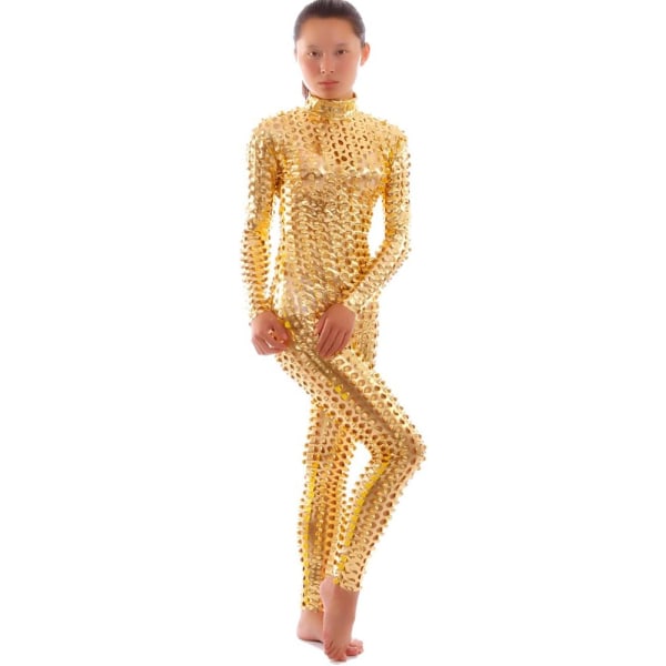 ksmile Unisex Hollow-Carved Shiny Dancewear Catsuit Bodysuit Guld Liten