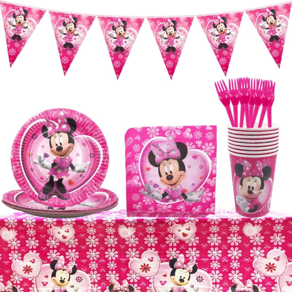 WTS Minnie Födelsedagsfest Set 53st Party Set Set Minnie Party Tallrikar Koppar Gafflar Sugrör Festbord Minnie Mouse Club House Kit för 8 personer