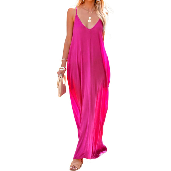 ivimos Dam Sommar Casual Justerbar Spaghetti Rem V-hals Boho Lös Passform Rygglös Maxi Klänning med Fickor Hotpink Liten