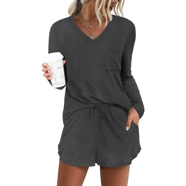 MOON Damkläder Långärmad Lounge Set 2 Delar Söt Kort Pyjamas Set Med Ficka Sovkläder Mörkgrå XX-Large