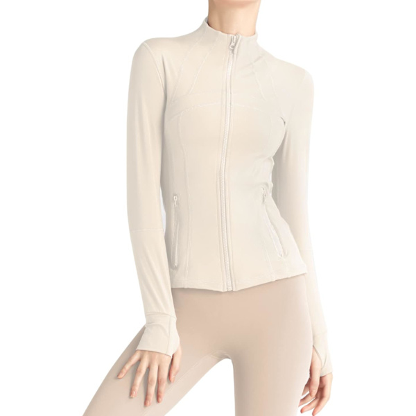 hy Dam Slim Fit Full Zip Atletisk Löparsport Träningsjacka med Fickor Beige Stor