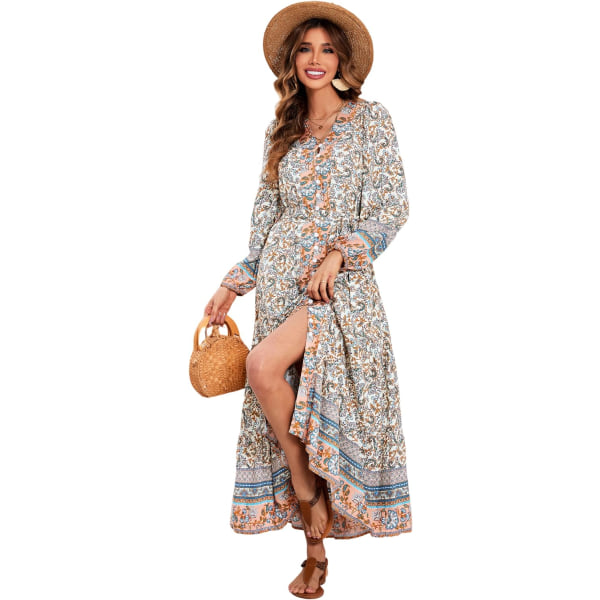 ivimos Dam långärmad Boho Midiklänning V-ringad Blommigt tryck Casual Knäppning Lös Volang Strand Långklänning med Bel Beige Liten
