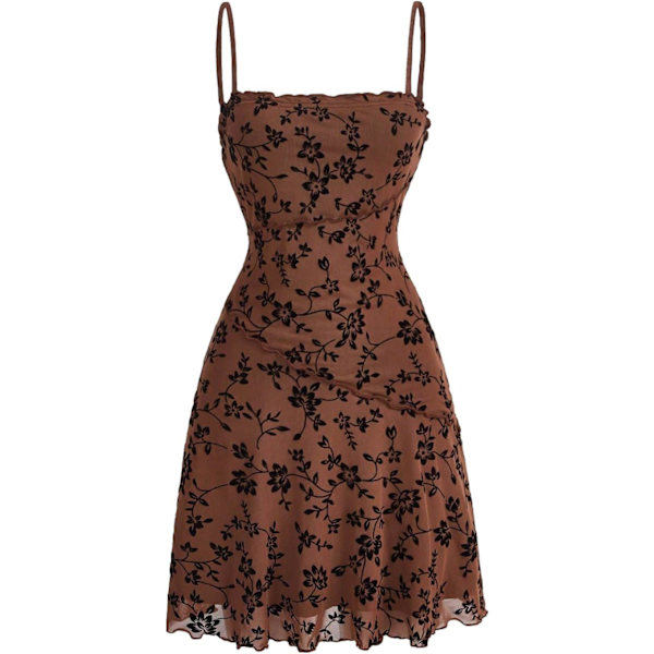dusa Dam Lettucs Trim Blommig Tryck Mesh Ärmlös A Linje Kort Cami Klänning Kaffe Brun X-Small