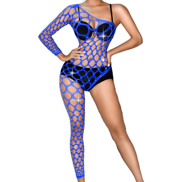 i&Shi Rave Outfit, Rhinestone Bodysuit, En axel, ihålig fisknät blå 0-14