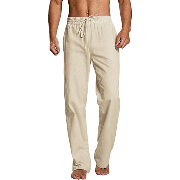 oybuy Herr Linnebyxor med dragsko Strand Golf Elastisk midja Vår Lång Casual Lös Sommar Yoga Bomull Joggingbyxor 1 02-khaki Stor