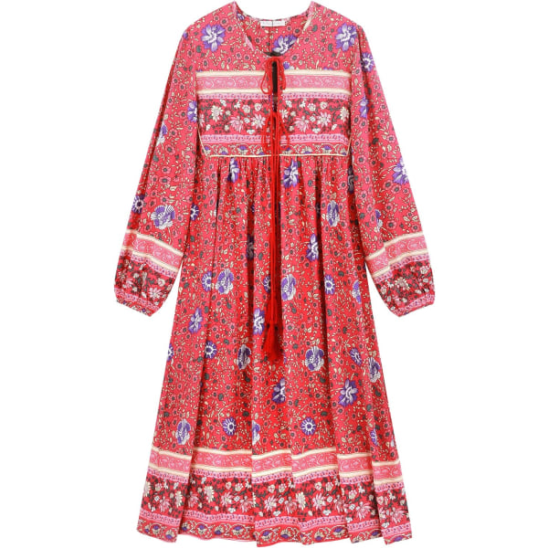ivimos Dam långärmad blommig retro V-ringning tofs casual bohemisk midiklänningar vattenmelon röd X-Small