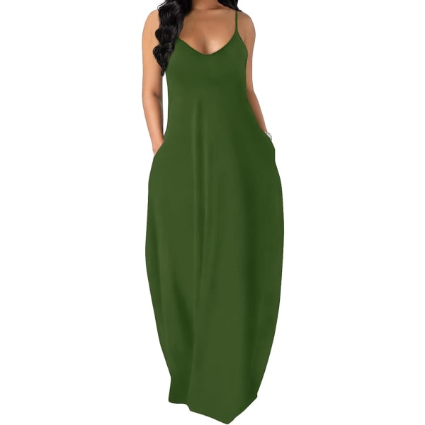 EFAN Damklänningar Sommar Spaghetti Strap Klänning med Ficka Ae- Army Green Small