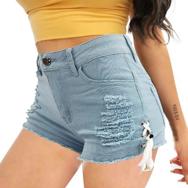 upeng Dam Mid Rise Sido Remmar Snörning Stretch Casual Denim Jean Booty Hot Shorts