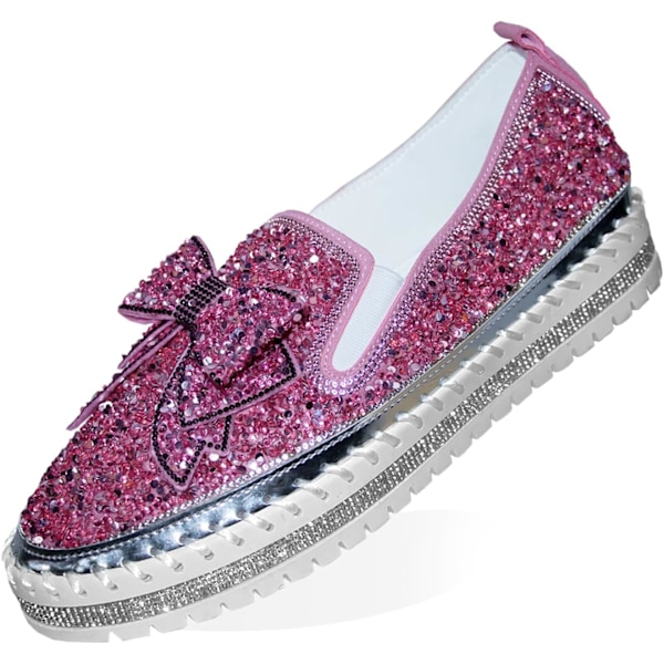 Dam Platform Rhinestones Glitter Sneaker Söta Rosett Slip On Comfort Sneaker Flat Loafer Casual Skor