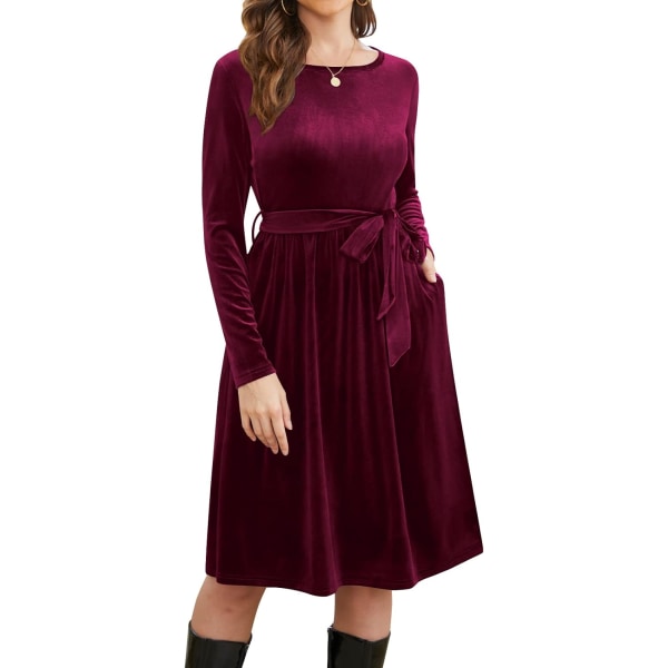 MOON Damkläder Jul Långärmad Sammet Vinter Formella Klänningar Elegant Höst Maxi Festklänning 3#vinröd XX-Large