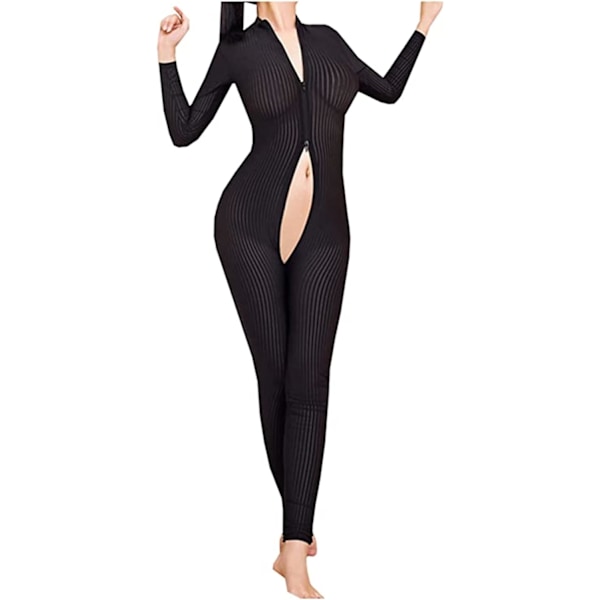 xinyu Kvinnors Sexiga Klänning Vertikal Cut Out Cosplay Bodysuit Sheer Bodysuit Bodycon Romper Svart 1