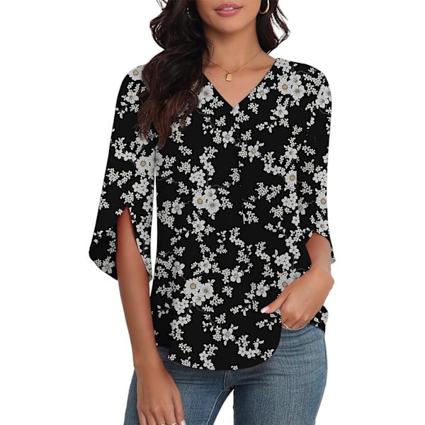 LASI Dam sommar chiffong skjorta 3/4 ärm V-ringning avslappnad lös workwear topp lämplig för leggings 2024 flytande formell T-shirt  X-Large
