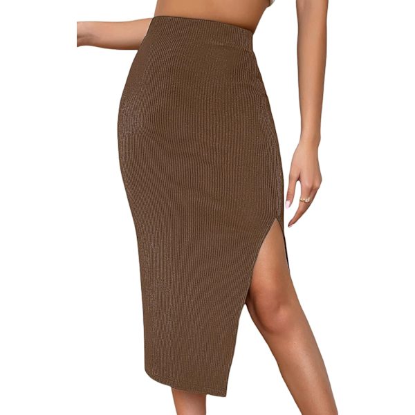 dusa Dam High Waist Slit Hem Rib Knit Midi Bodycon Kjole Kaffe Brun X-Small