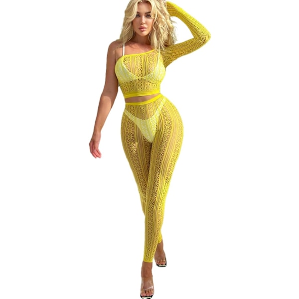 der Whisper Damkläder Body Babydoll Nät Stretc Spets Tight Hollow Out En Axellinje Underkläder Set Outfits Bodycon Gul