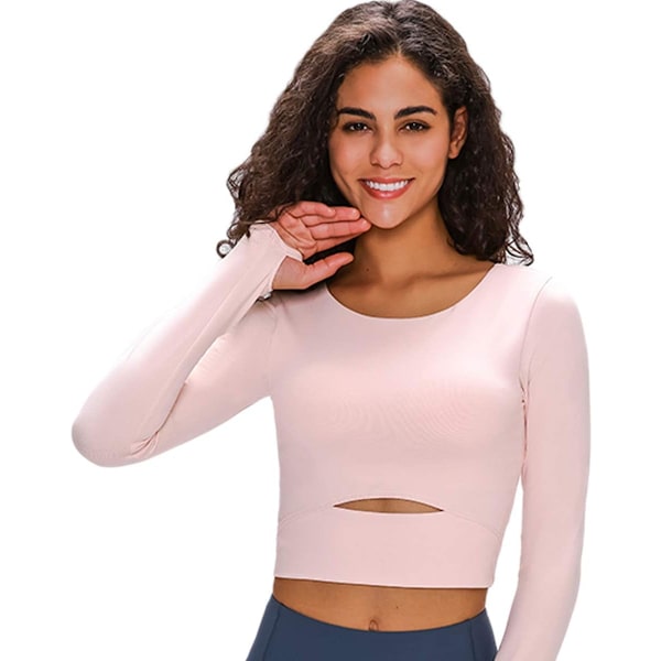 kout Yoga-toppar för kvinnor, avtagbar crop top vadderad kompression långärmad fitness atletisk yoga sporttröja