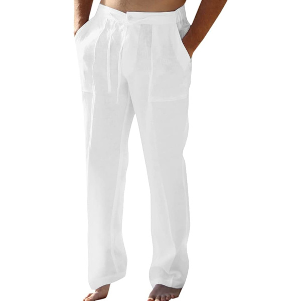 oybuy Herr Linnebyxor med dragsko Strand Golf Elastisk midja Vår Lång Casual Lös Sommar Yoga Bomull Joggerbyxor 1 01-vit XX-Large