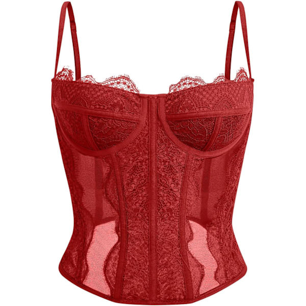 lmore Dam Sommar Spets Bustier Mesh Sexig Vintage Spaghetti Rem Öppen Rygg Benad Korsett Utgående Fest Crop Top Röd Liten