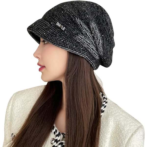 STAR Slouchy Knit Beanie med skärm Visor Bill Fancy Chemo Cap Vinter Baggy Mössor Kvinnor