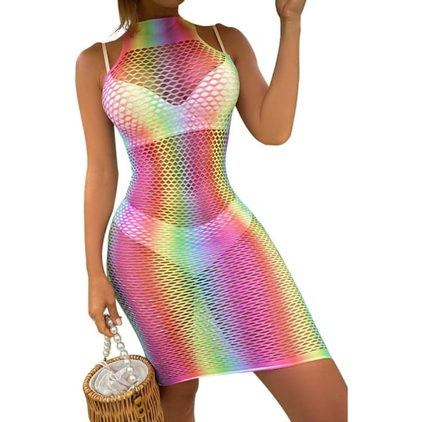 Sexig Teddy Rainbow Fishnet Chemise Hot Mesh Miniklänning Lingerie Babydoll Bodysuit Genomskinlig Cover Up Klänning Färgglad Fishne En Storlek