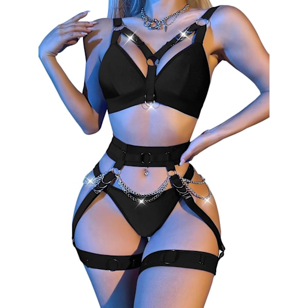 osy Sexig bygel söt genomskinlig Kawaii strumpeband bälte underkläder set behå och trosor 3 delar sele kedja B medium