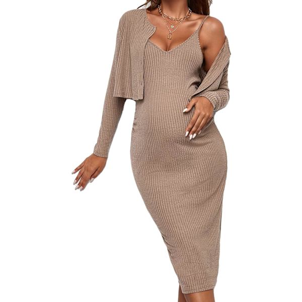 dusa Damkläder Graviditet 2 Delar V-Hals Lång Cami Klänning och Långärmad Koftan Khaki XX-Large