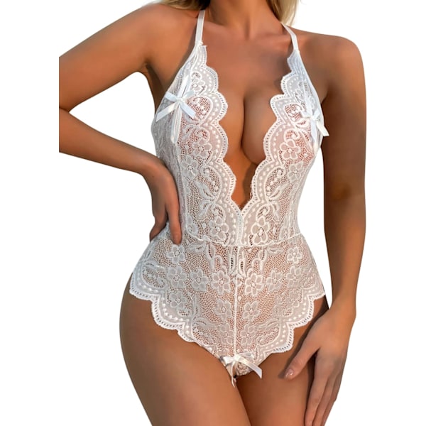 nalla Dam Sexig Lingerie Spets Bodysuit Plunging Teddy Split Cup Lingerie Vit Stor