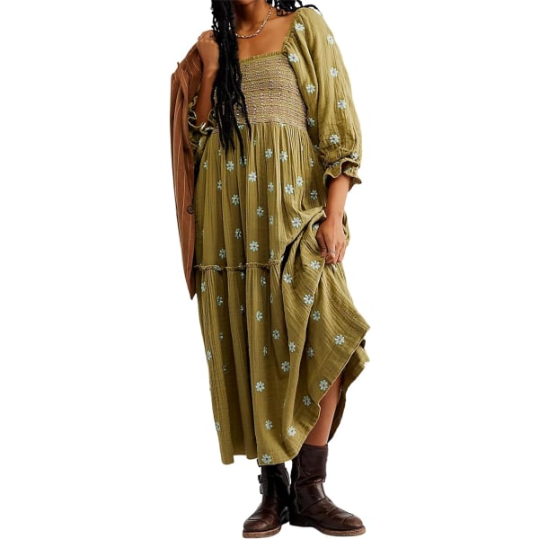 ivimos Dam långärmad bomull Boho Midiklänning Vintage fyrkantig hals Blommig broderad Tiered Ruffle Flowy Ficka Dre Olivegreen Liten