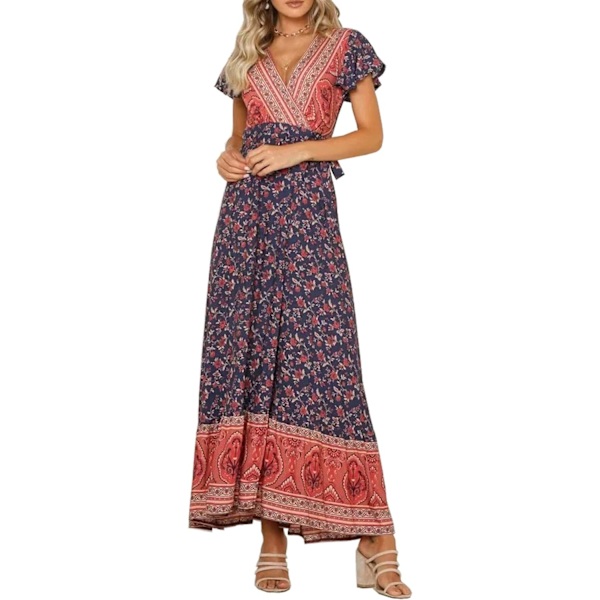 ivimos Dam Sommar Kortärmad Blommig Bohemisk Strand Midja Slips Wrap Lång Flytande Klänning med Slit Mörkblå#2 XX-Large