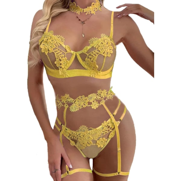 osy Sexig Choker Applikation Broderad Bygel Push Up Strumpeband Lingerie Set för Kvinnor Mesh Sheer BH och Trosa Gul Medium
