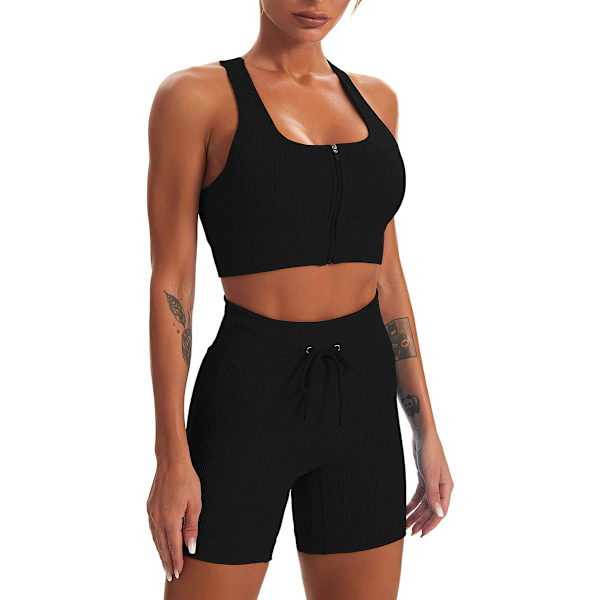 CIW Dam Workout Set 2-delat sömlös ribbad hög midja shorts med tank crop top sport bh yoga outfits dragkedja svart medium