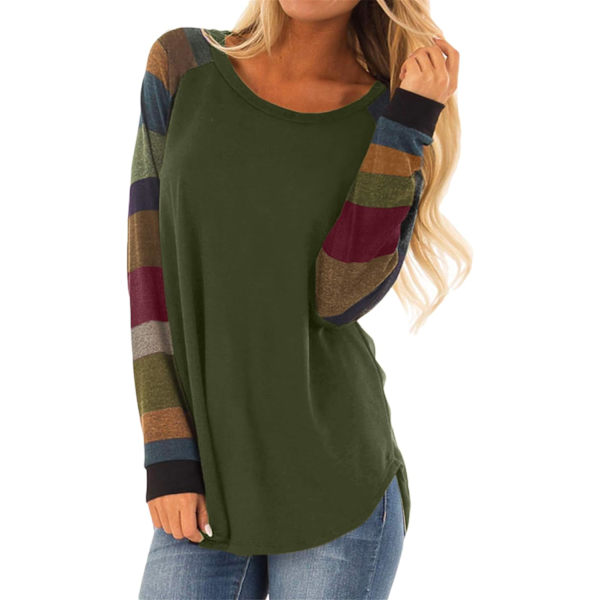 OUQE Dam Loose Color Block Randig Lång/Kortärmad T-shirt Casual Comfy Toppar Solid Color Top B-grön Medium