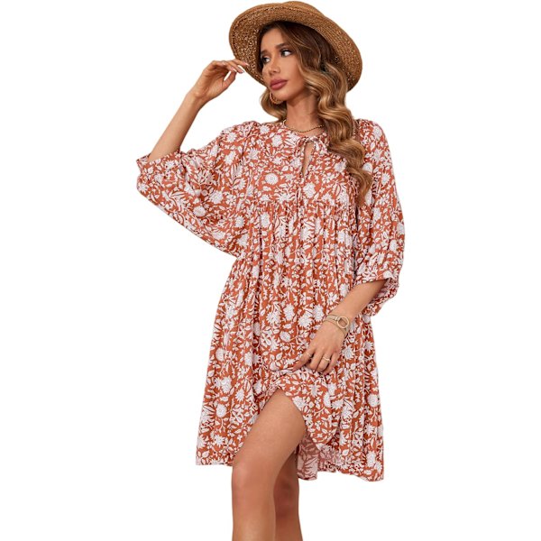 ivimos Dam Sommar V-hals Casual Klänningar Lykta Ärm Boho Blommig Tryck Lös Flytande Miniklänning Orange X-Large