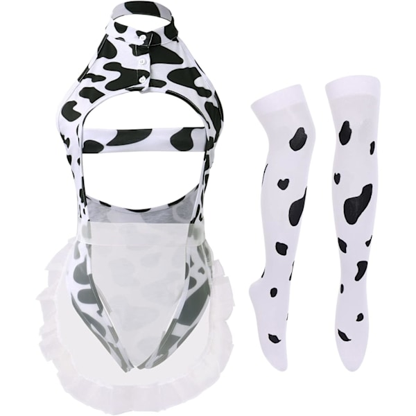 Sexig mjölkko-lingerie set Anime Maid Cosplay-dräkt Mini Bikini BH Body med klocka Choker Strumpor Outfit Ko Body Sk En Storlek