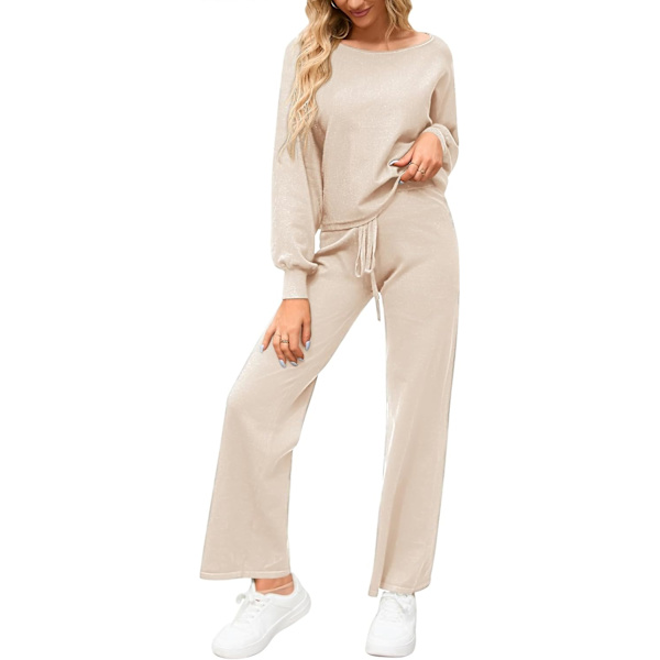 nya dam 2-delade träningsset långärmad stickad tröja vida byxor outfits loungewear set