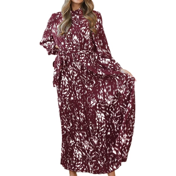 ivimos Höstklänningar för kvinnor Långärmad Plisserad Casual Mock Neck Elegant Print Maxi Klänning med Bälte Bourgogne Stor