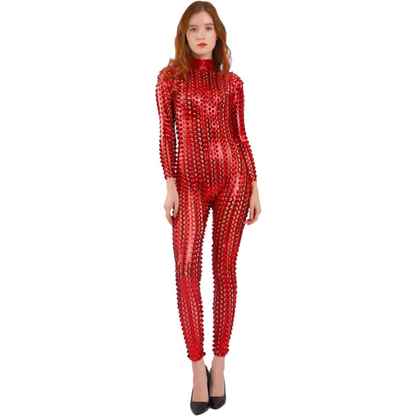 ksmile Unisex Hollow-Curved Shiny Dancewear Catsuit Body Röd Stor