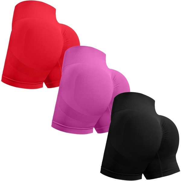 ORT 3-pack träningsshorts för kvinnor sömlösa scrunch rumpa lyftande hög midja yoga gym booty löparshorts röd/rosa/svart medium