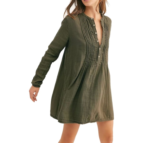ivimos tunikaklänning för kvinnor Höst bomull Knäppning långa ärmar Casual miniskjortaklänning Armygrön Medium