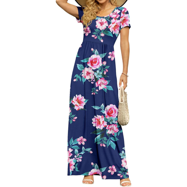 MOON kortärmade maxiklänningar för kvinnor Casual Empire Midja lång klänning med fickor Blomma Marinblå Blu 4X-Large