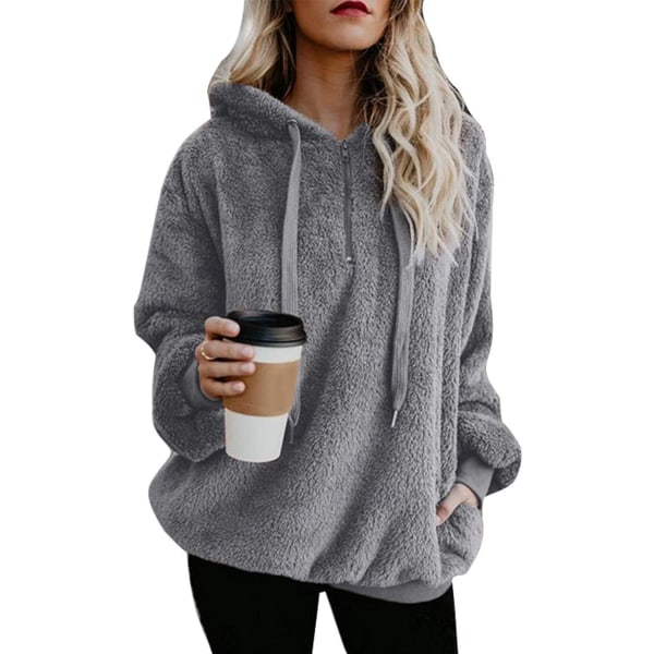 ekop Dam Sherpa Pullover Fuzzy Fleece Sweatshirt Oversized hoodie fickor Ljusgrå X-Large