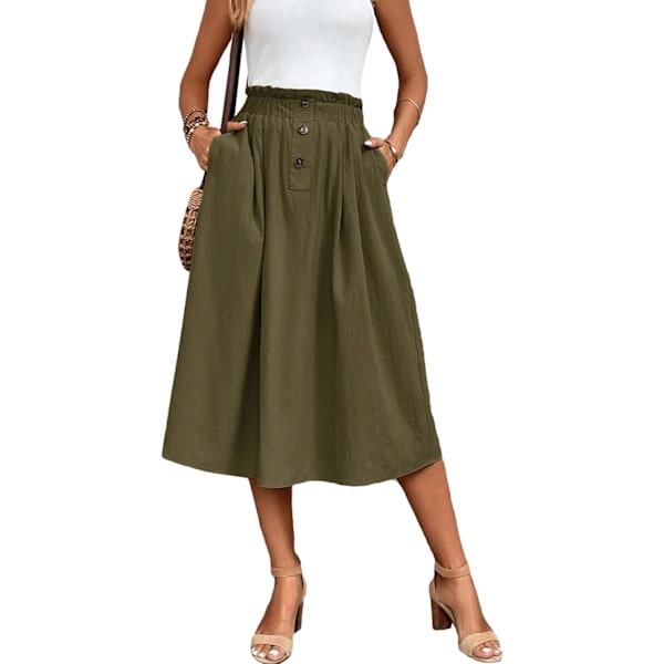 dusa Dam Elastisk Midja Fickor Sida A Linje Midi Swing Flared Kjol Solid Grön Medium