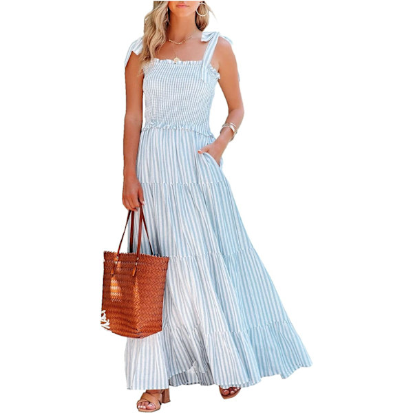 ivimos Dam Sommar Bomull Justerbara Remmar Boho Randig Casual Flowy A Linje Midi Klänning med Ficka Blå-randig Medium