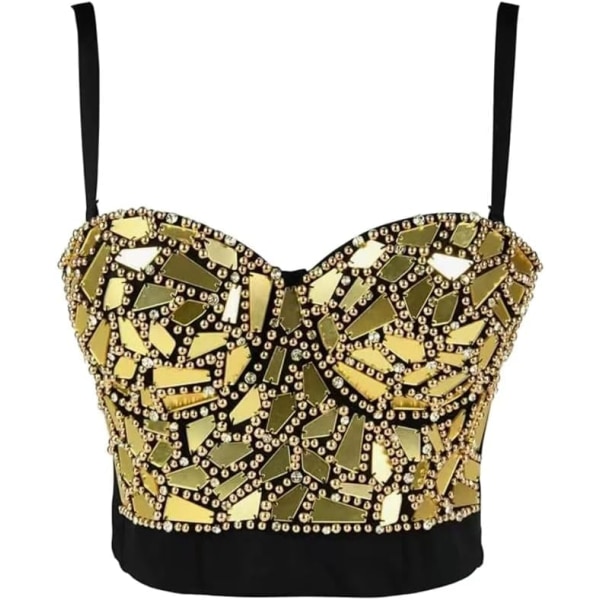 HO Damkorsett Pärlor Strass Paljett Bustier Toppar Fest Push up BH Guld-stor X-Small-Large