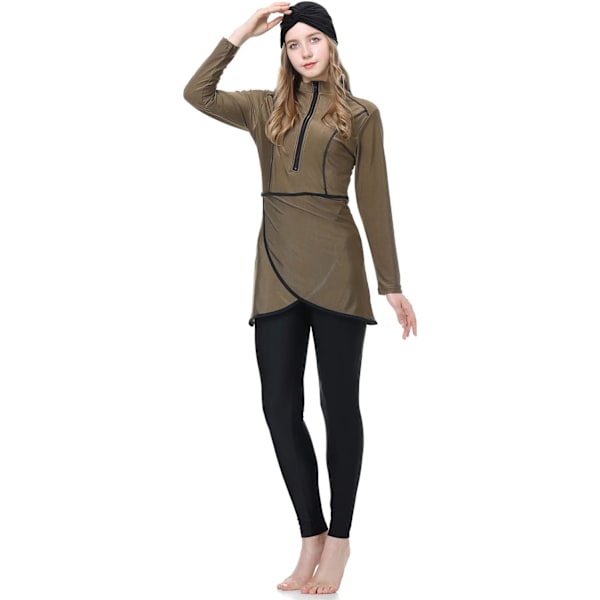 lim Badkläder för kvinnor Modest Swimsuit Burkini Topp Byxor Hijab 3 Delar Full Cover Blommigt Tryck Baddräkt Islamisk Kaffe Medium