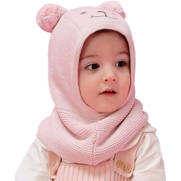 racy Baby Toddler Kids Vinter Varma Huva Mössa Fleece Fodrad Stickad Mössa Halsdukar med Öron Rosa 2-5T