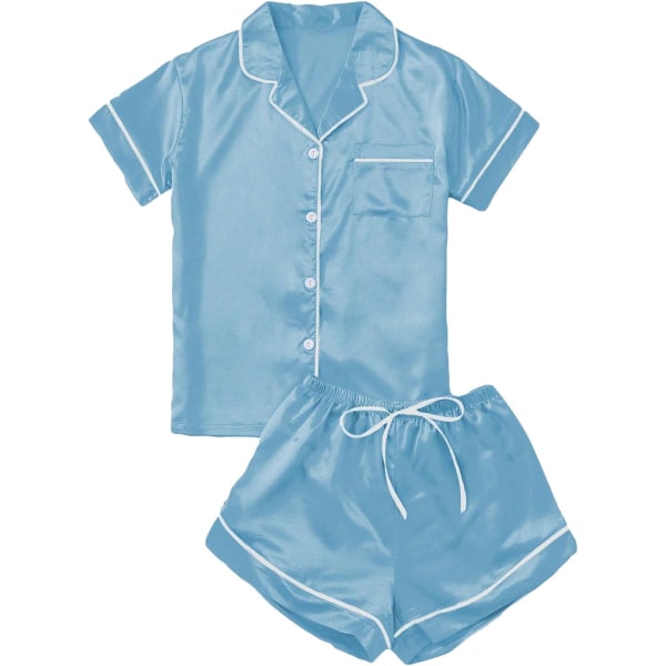 dusa Dam 2-delad satin nattkläder knapp fram nattkläder kortärmad pyjamas set ljusblå X-Large