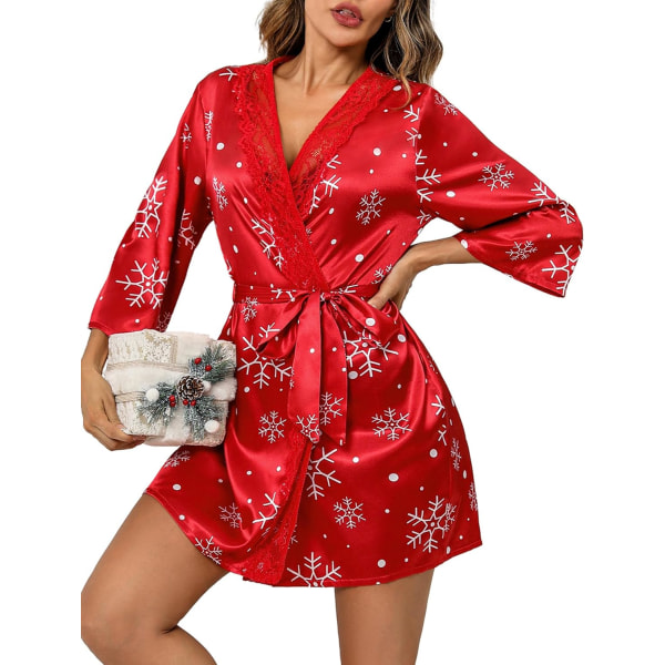 Dam Kort Satin Kimono Robe Underkläder Nattlinne Sovkläder Siden Morgonrock Röd Jul Stor