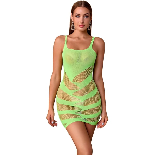der Whisper Damernas sexiga Fishnet Bodysuit Underkläder Nattklänning Stretchy Bodycon See Through Hollow Out Babydoll Mini Dre Green