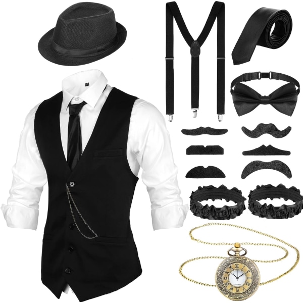 INIOR 1920-tal Herrkostym 20-tal Halloween Cosplay Accessoarer Outfit med gangsterväst Fedora Hatt Watch Svart, Svart St Large