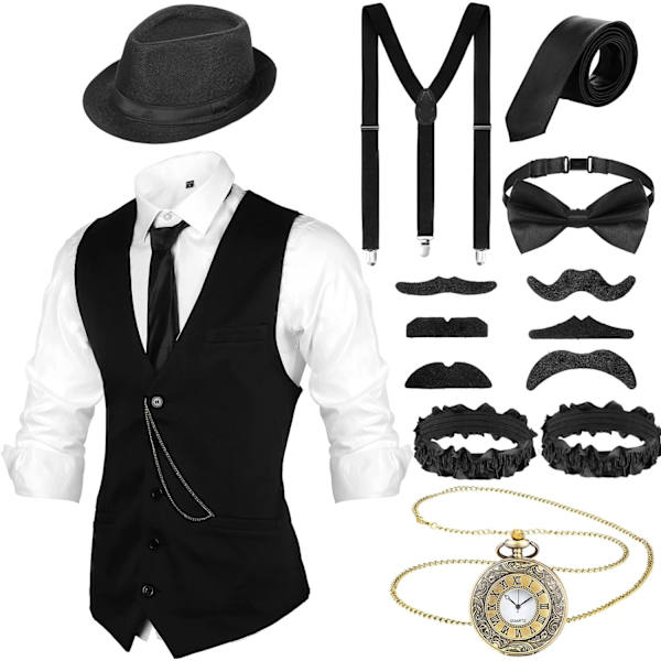 INIOR 1920-tals herrkläder 20-tals Halloween Cosplay-accessoarer Outfit med gangster väst Fedora hatt fickur hängslen